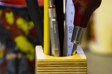Pencil holder made from plywood.