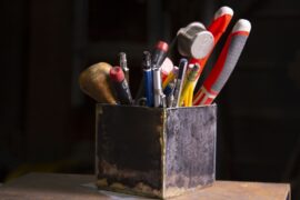 A brazed scrap metal junk holder for the work shop.